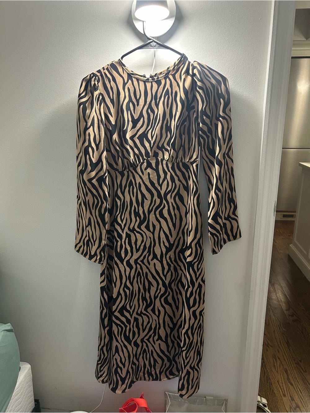 Long Sleeve Zebra Print Midi Dress - Black & Tan